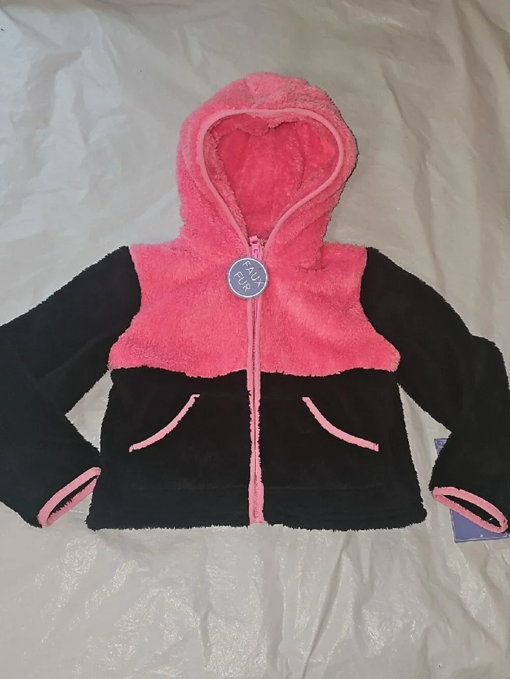 Weather Club Girls L 6X Pink Black Faux Fur Zippered Hooded Jacket w/Pockets New